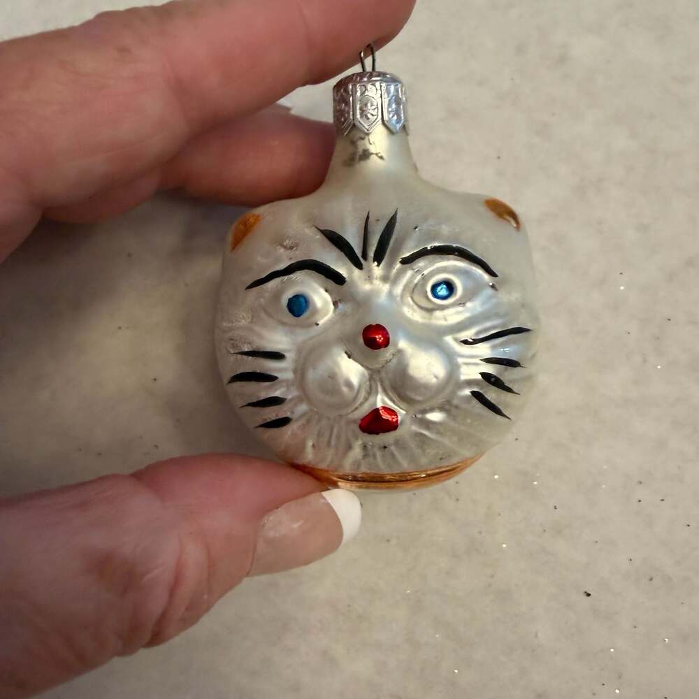 Vintage Poland Blown Glass Cat Face Christmas Ornament